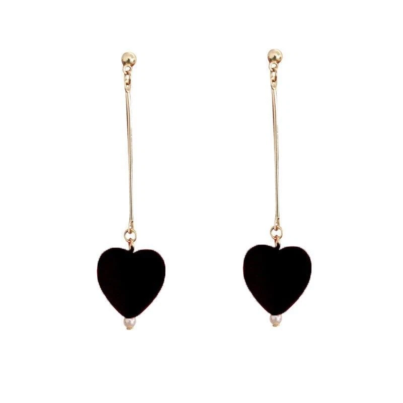14K Rose Gold Plated Black Heart Long Dangle Earrings