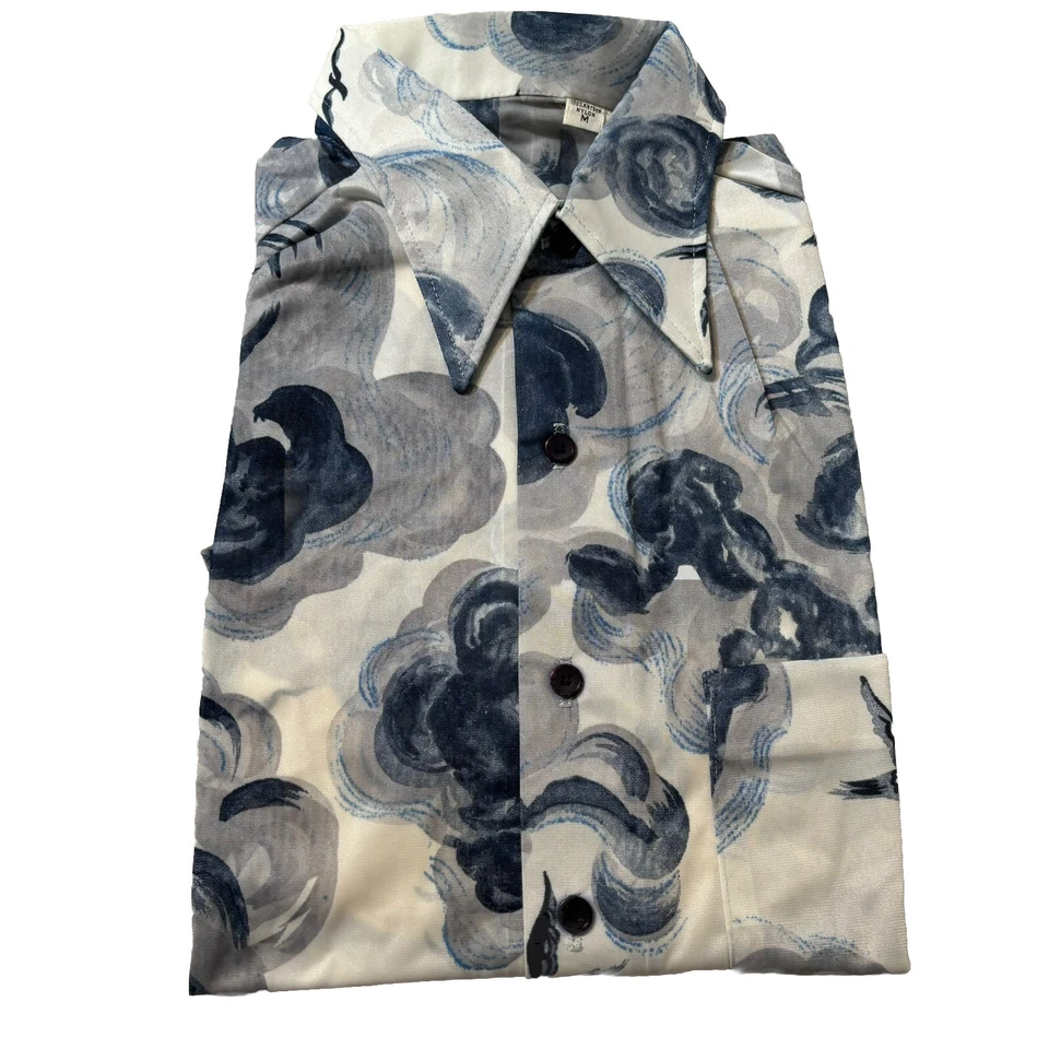 Винтажная мужская рубашка 70-х из нейлона с коротким рукавом Antron с синим белым принтом в виде птицы размер M - Изображение 4 из 4