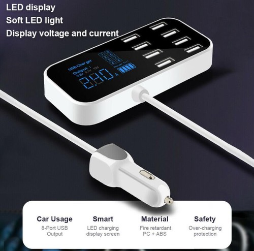 Car Charger 8-Port USB fast charging LCD Display Adapter USB Hub for phone/ipad - Photo 6 sur 13