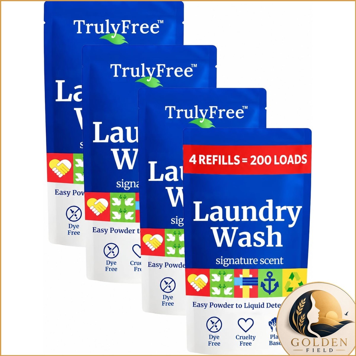 Truly Free Natural Laundry Detergent - 4 Pack Refill, No Jug, 200 Loads