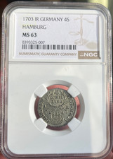 1703 IR GERMANY HAMBURG 4 Shilling NGC MS 63.  Rare