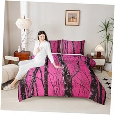 Cabin Lodge Comforter Set,Woodland Rustic Bedding Queen Hot Pink and Black