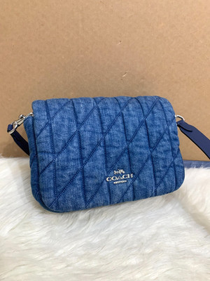 COACH Blue Denim Stripe Stitch-Quilted QUINN Flap Crossbody CAK40