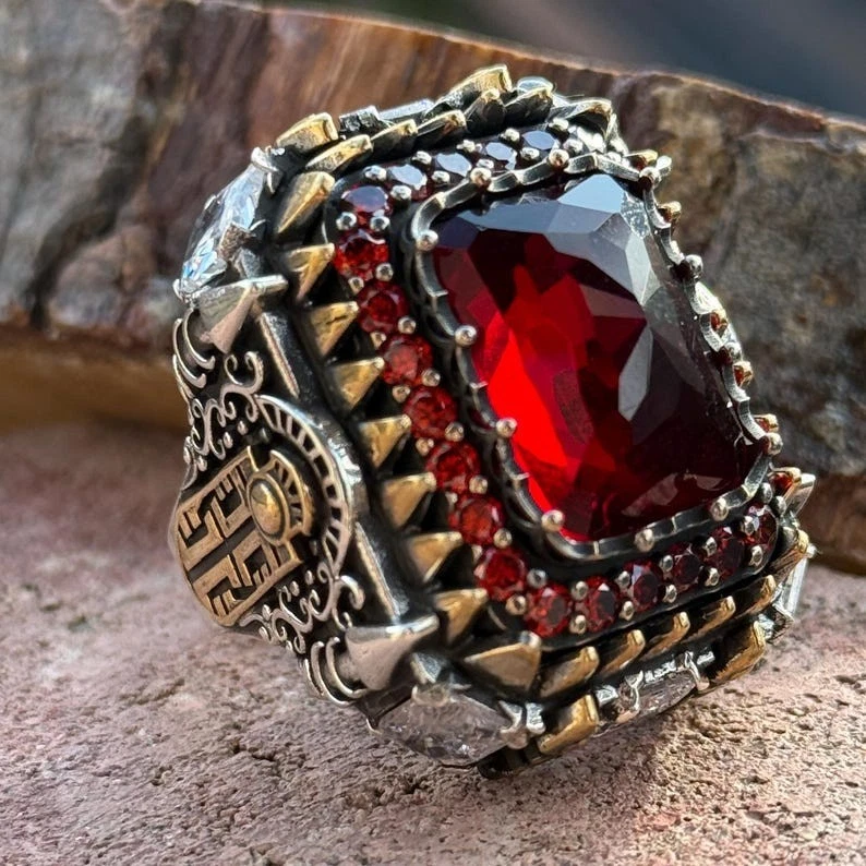 Turkish Handmade Zircon Red Stone Ring, Mens Red Zircon Gemstone Ring - Image 2 of 4