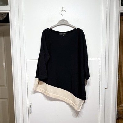 St John Pullover schwarz creme asymmetrisch 100% Wolle Oversize Damen Gr. M/L
