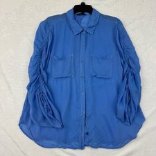Maven West Blue Cupro Ruched Sleeve Button Down Sheer Blouse Medium Made in USA