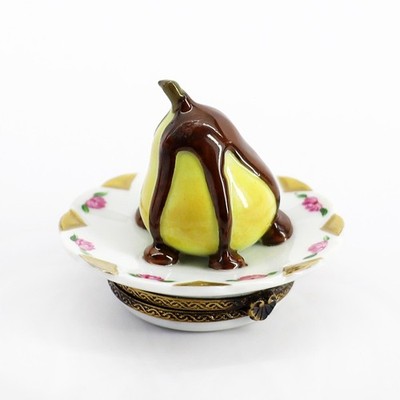 Limoges Porcelain Chocolate Covered Pear on Plate Trinket Box
