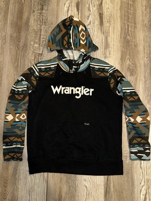 Wrangler Retro Aztec Fleece Hoodie Men's Black Graphic Print Pullover Size L