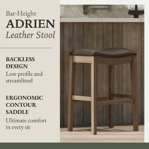 Maven Lane Adrien Saddle Barstool in Oak Finish with Ronan Stone Vegan Leather - Picture 2 of 6