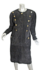 Vintage BONWIT TELLER Black Suade Leather Dress W Gold Buttons &Pockets 12 / L