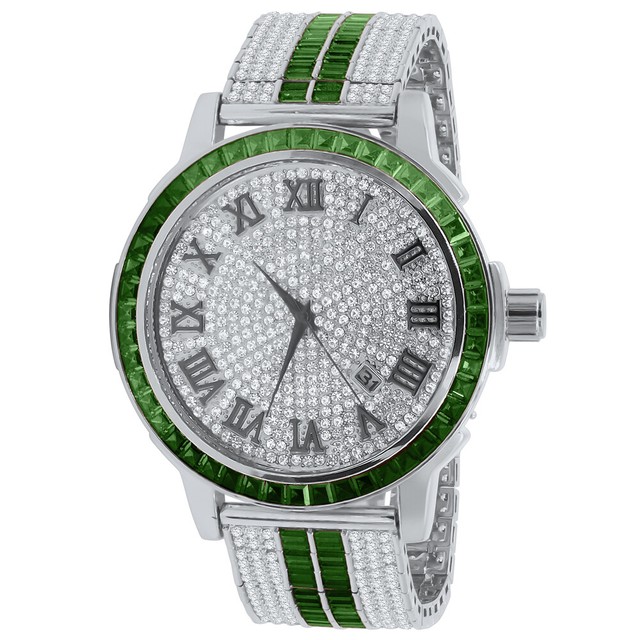 Mens Custom Green Emerald Watch Lab Diamond Dial White Gold Solid Steel
