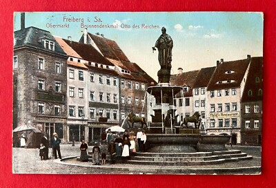 Postcard Freiberg 1915 Obermarkt with fountain monument Otto the Rich (143710