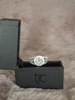 White Zirconia Shimmer Halo Ring + TJC Gift Box 925 Sterling Silver Womens Sz M