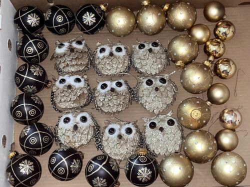 Owl Theme Christmas Tree Ornaments Coordinating Black Gold Glitter Feathers Trim - Picture 1 of 12