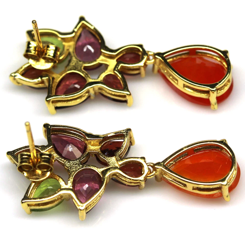 925 Sterlingsilber 8 x 12 Mm. Orange Karneol, Rhodolith & Peridot Ohrringe - Bild 3 von 4