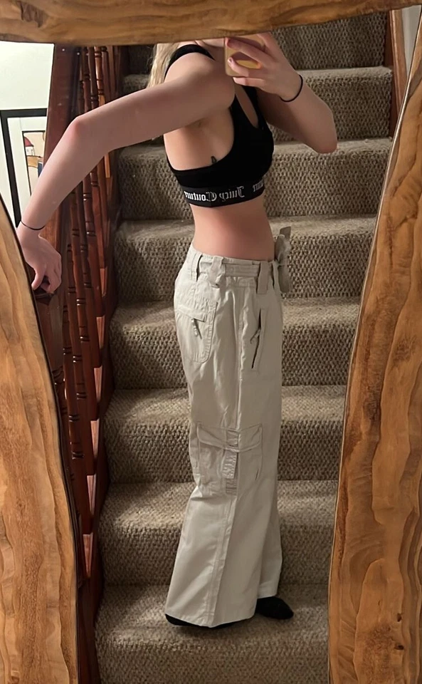 Crema Beige Urbano Vintage Cargos Corbata Pantalones Combate Ancho tiro bajo Pantalón 10 12 Foto 2 de 4