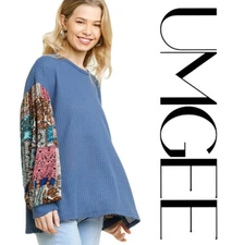 XL-PLUS 1XL  UMGEE BLUE  Waffle Patchwork Sleeves Blouse/SHIRT/TOP BHCS