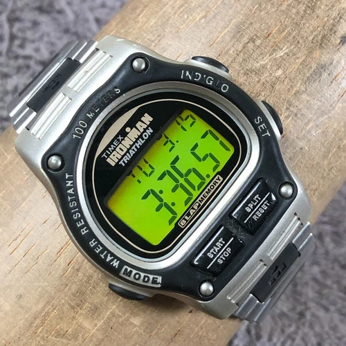 Vtg Timex Ironman Triathlon Men Stainless Steel Quartz Digital 36mm Watch 8"