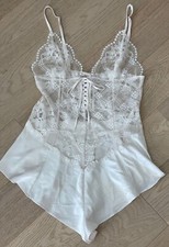 VICTORIA'S SECRET Lace Bodice Romper / Teddy Ruffled Satin Shorts Ivory Sz S EUC