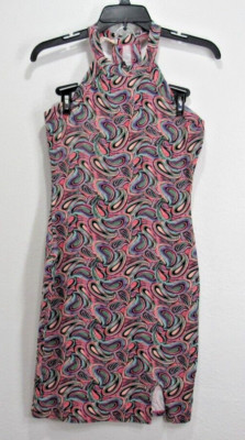 Heart Hips Medium AOP Paisly Colorful Bodycon Mock Neck Dress w/3.5in front slit