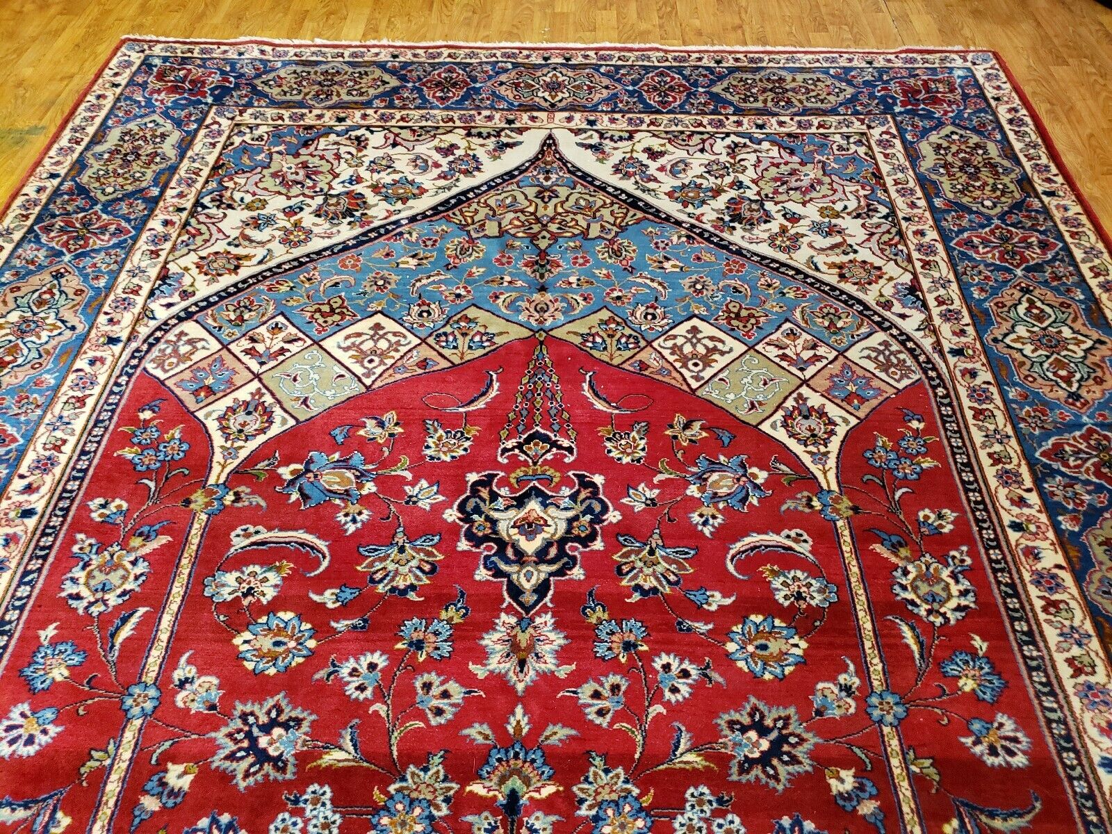  ISFAHANi handwoven Nain rug 1950s state sale hand knotted rug 9x12 red & blue 