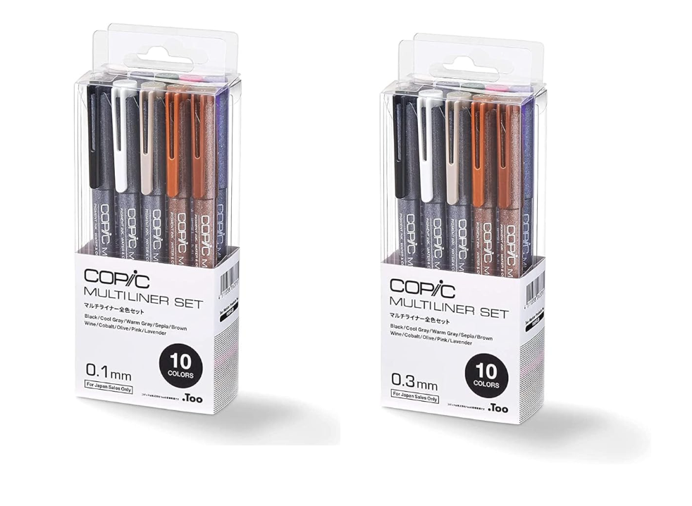 Copic Too Multiliner Set － 10 Colors (Choose from 2 Sizes: 0.1mm