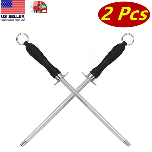 2 Pcs 11" Stainless Steel Knife Sharpener, Honing Rod, Kitchen Knife