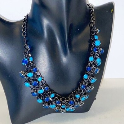 Necklace Bijoux Terner Dangling 2 tone Blue Beads and Black Metal Chain