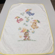 Handmade Care Bear Baby Quilt Blanket 28"x40" Needlepoint Embroidered 80s Retro