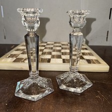 Candlestick Candle Holders Crystal Clear Cut Glass Hexagon 6 1/2" Tall