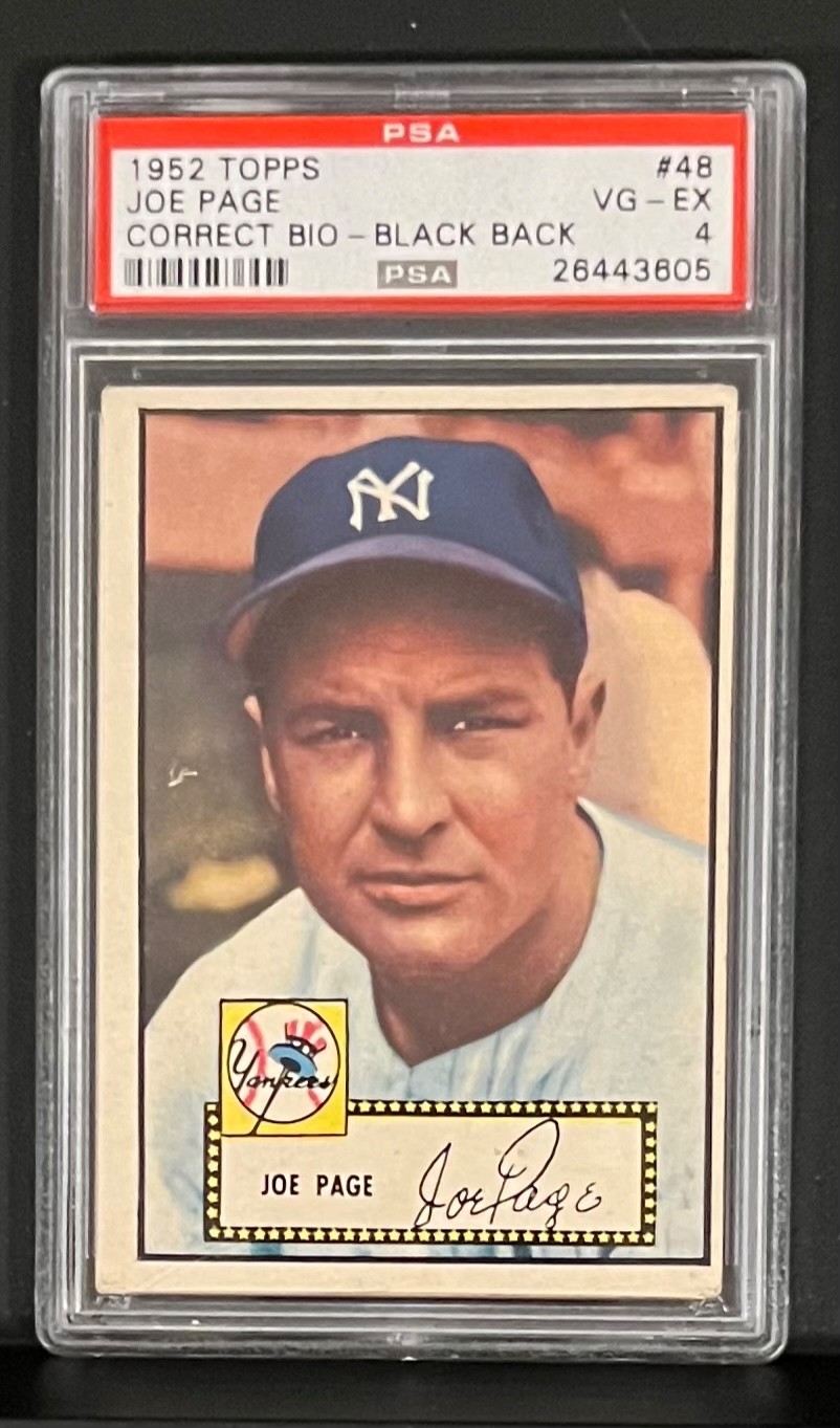 1952 Topps Joe Page CORRECT BIO Black Back #48 PSA4