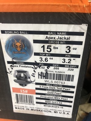 15lb Motiv Apex Jackal Bowling Ball 15.3 3.6 Top Pin 3.2 New In