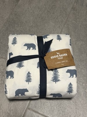Eddie Bauer Full Flannel Sheet Set Bears and Trees White Blue OEKO-TEX Certified