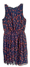 Ann Taylor Size 6 Dress Floaty Floral Design Navy Blue w Subtle Pleats