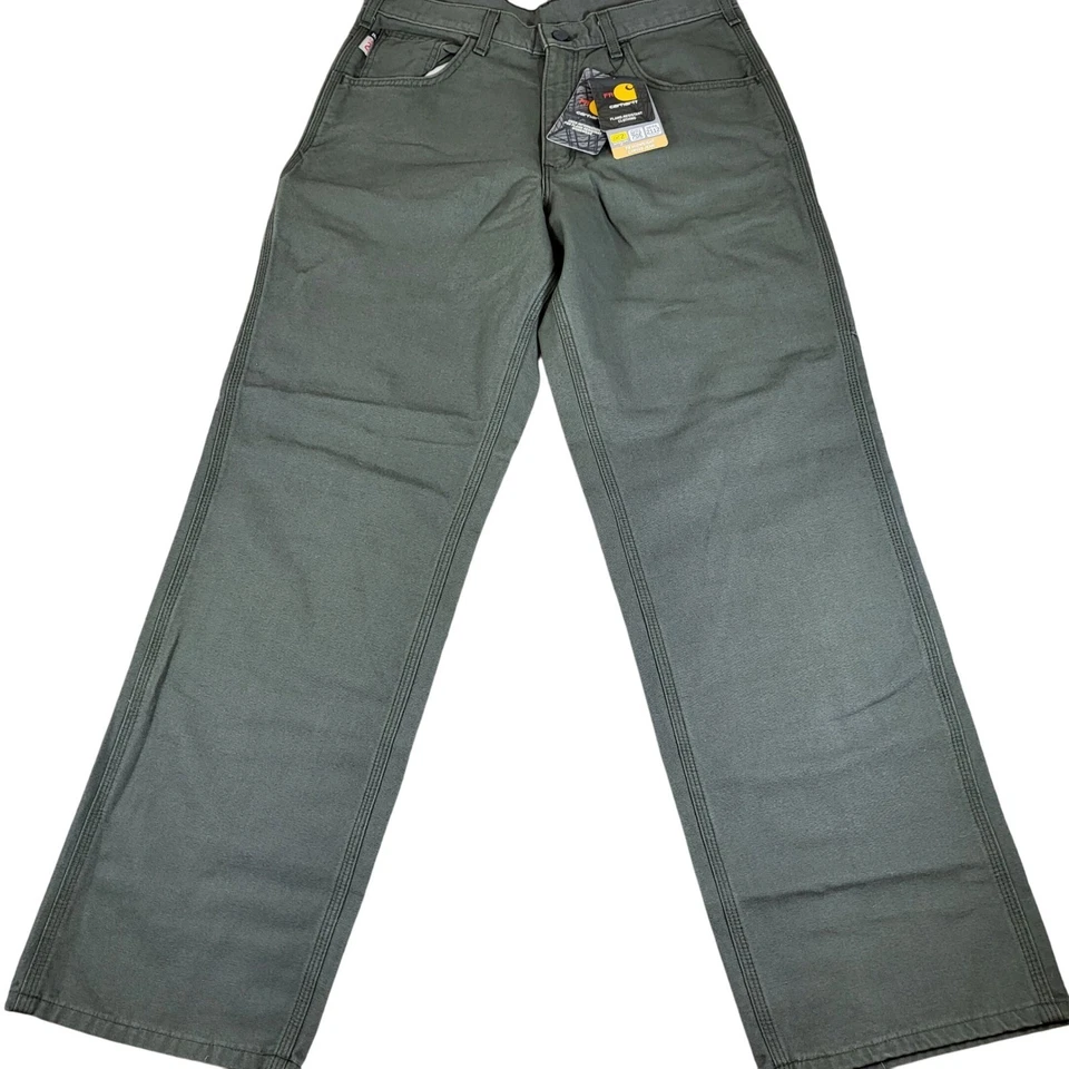 Carhartt FR Flame Resistant Canvas Work Jeans Men 33x32 Green Original Fit CAT 2 - Image 2 of 4