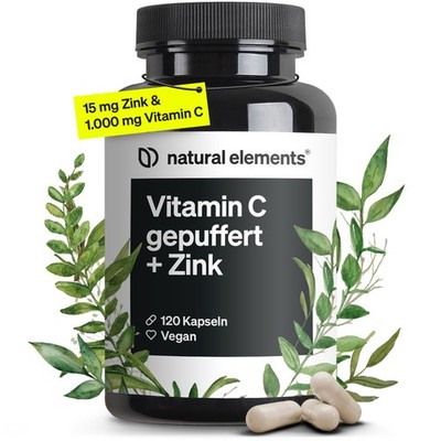 natural elements Vitamin C - 120 Kapseln - Hochdosiert mit 1000mg + 15mg Zink