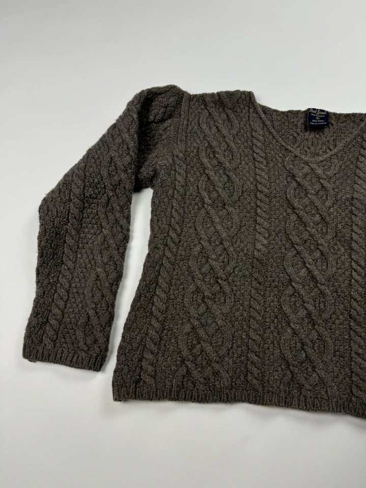 Suéter de pescador Paul James England tejido de lana cuello en V para mujer talla pequeña marrón Foto 3 de 4