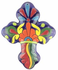 Mexican Talavera Ceramic Wall Hanging Cross Hand Painted Folk Art Pottery 8.5x7"