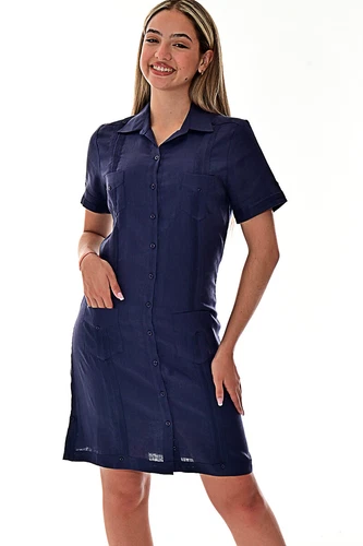 Ladies NAVY 100% Soft Linen Traditional (4) Pocket Guayabera Dress - LLGD3010