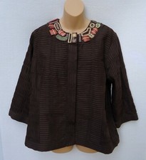 Chico's 3 Jacket Blazer Women's XL Brown Beads Snap Front Textured 3/4 Sleeve