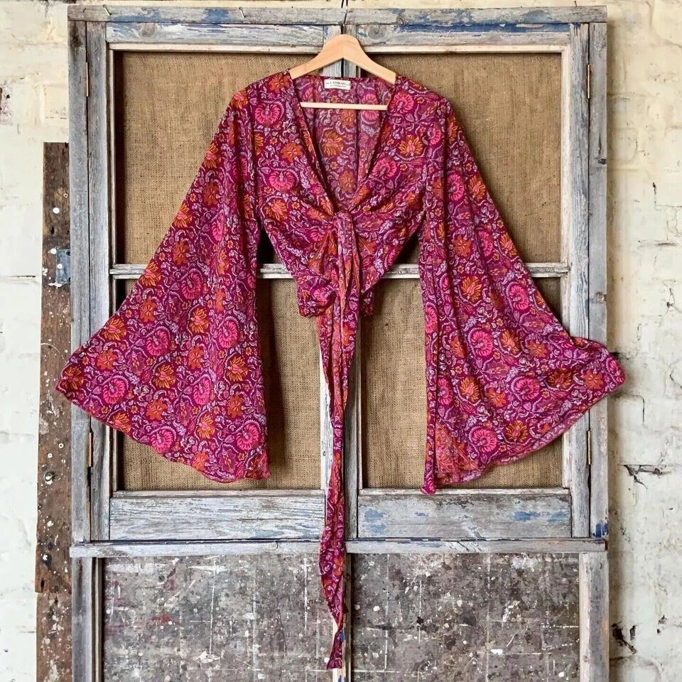 Lote de 5 piezas de ropa retro vintage india de seda sari manga campana años 60 Foto 3 de 4