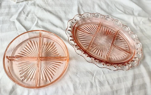 2 Vintage Pink Depression Glass Lace Edge Sectioned Serving Relish Dishes Bowl