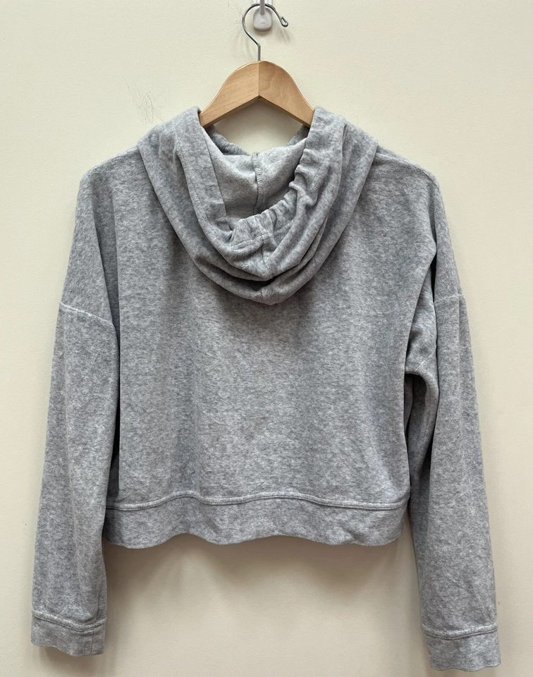 Aeropostale Live Love Dream Mujer Grande Gris Pullover Crop Terciopelo Sudadera con Capucha Grande Foto 2 de 3