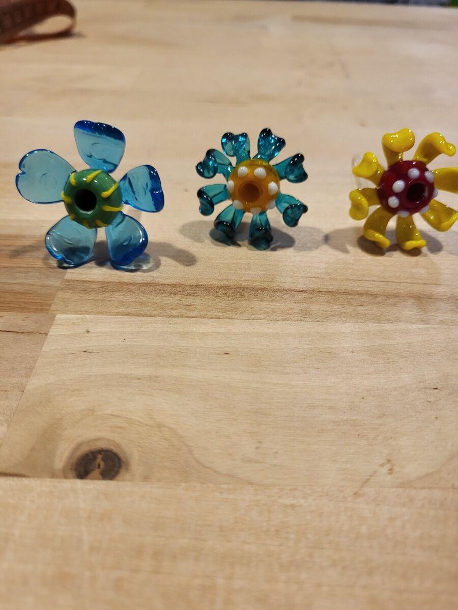 3 Vintage Hand Blown Glass Flowers With Stems - Display Art