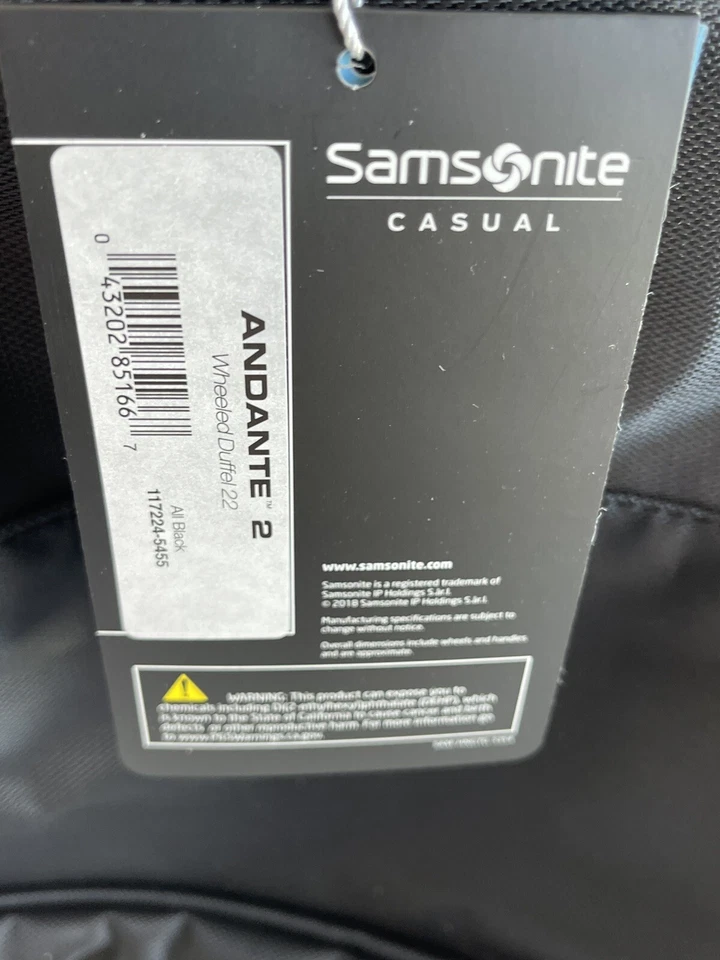 Samsonite Andante 2 Wheeled Rolling Duffel Bag 22 “ Black, New - Image 4 of 4