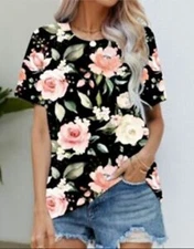 Blusa Camiseta Mujer Color Negro Flor Gráfico Moda Manga Corta Sedoso Suave