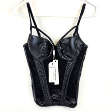 Women's Large Black Steampunk Gothic Lace Corset Bustier Faux Leather Bra Black