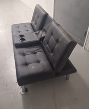 Futon Sofa Bed-Black Convertible Faux Leather Couch-Folds Down Flat-Cup Holders