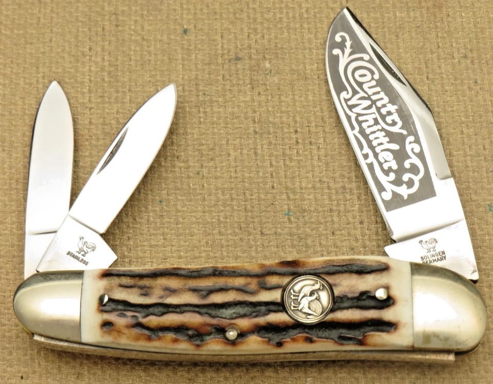 Solingen Made Bertram Hen & Rooster Serpentine Whittler Knife Great Stag Handles - Image 2 of 4