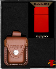 ZIPPO® Slim Set: Rotes Feuerzeug & Lederetui mit Clip in Geschenkbox